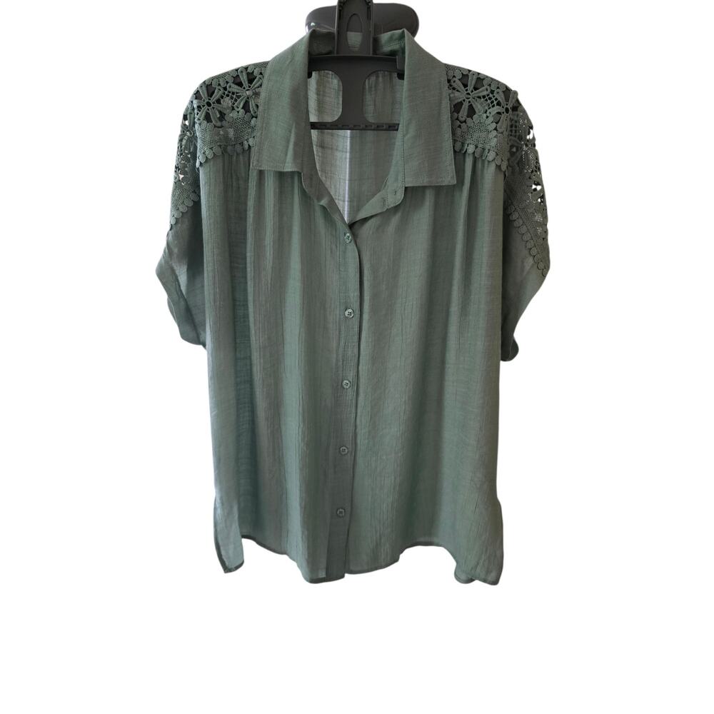 Palm Rio Olive Green Lightweight See Thru Shoulder Embroidered Lace Size L